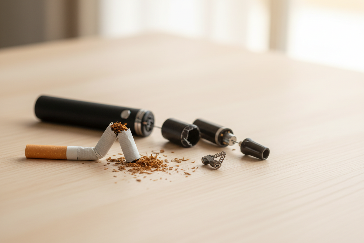 need a cover photo. to show broken ciggerette and broken vape on table. so this photo can be used to show quit smoking website programs.