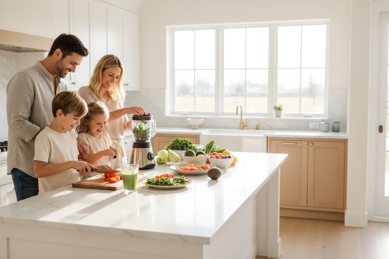 Need a lifestyle cover photo for my wellness store. Image quality should be atleast 2k. it should show a small british family showing healthy lifestyle in kitchen area. the placement of family should be either on right or left side of photo.