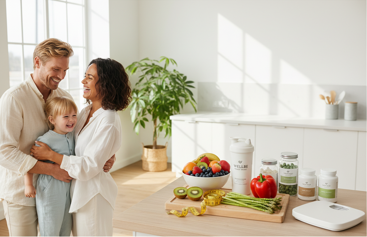 Need a lifestyle cover photo for my wellness store, it should show a british man or his small family too showing healthy weight losee products. the placement of person should be on right or left side.